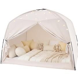 GOLDEN MARS Twin Bed Tent for Kids, Indoor Play Tent with Star Lights, Cozy Privacy Space Birthday Gift for Boys & Girls (Cream)
