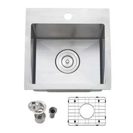 Friho 15x15 Inch Drop in Bar Sink, Top mount Small Kitchen Sink, 16 Gauge Handmade T-304 Stainless Steel Square Single Bowl Sink for RV Wet Bar Prep RV Outdoor with Accessories