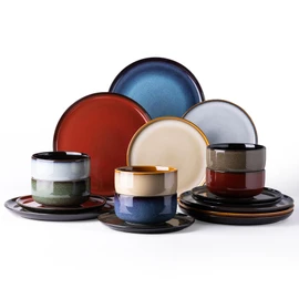 LeRatio Ceramic Dinnerware Sets for 6,Porcelain Plates and Bowls Sets,Handmade Reactive Glaze Dishes Set,Chip Resistant and Scratch Resistant | Oven&Dishwasher & Microwave Safe)-Colorflu(18PCS)