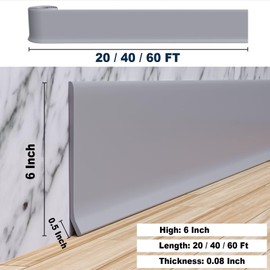 Duzzy Flexible Baseboard Molding Trim, 6 Inch(W) x 20 Feet(L) Peel and Stick Rubber Wall Trim Molding, Self-Adhesive Vinyl Wall Base Cove Base (Gray)