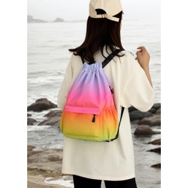 Drawstring Backpack Bag with Front Pocket Waterproof Oxford Cloth, Lightweight Gym Sack for Sports and Travel (Rainbow, Large)