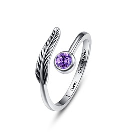 Birthstone Adjustable Open Feather Ring 925 Sterling Silver Birth Stone Ring Jewelry Gift Birthday Gift for Mom Women Wife Girls (I-amethyst ring)