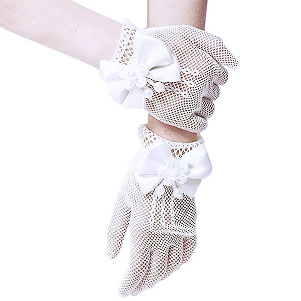 SwirlColor Mädchen Short Elegante Satin-Bogen-Fischnetz-Handschuhe Holes Handgelenk-Länge-Handschuhe für Blumen-Mädchen