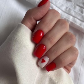 Press on Nails Short Square Spring Fake Nails Red False Nails with Red Heart Design White Acrylic Nails Glossy Glue on Nails Full Cover Stick on Nails for Women 24 Pcs