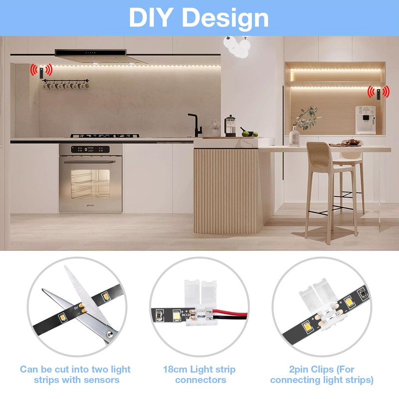 WOBANE Dual Motion Sensor Light Strip, Rechargeable 16.4ft LED Lighting,