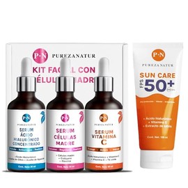 PUREZA NATUR Kit que incluye paquete serums celulas madre, Vitamina C y ácido hialuronico + Protector solar FPS 50+ |Skincare facial para el cuidado de la piel, hidratación y rejuvenecimiento (Kit células madre + Protector Solar)
