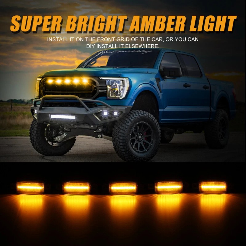 IRONWALLS 5x Amber Smoked LED Front Grille Grill Running Lights