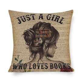 MKONY Just A Girl Who Loves Books Pillow Cover, Book Lover Gifts Decorative Throw Pillow Cover Linen Cushion Cover 18 X 18 Inches