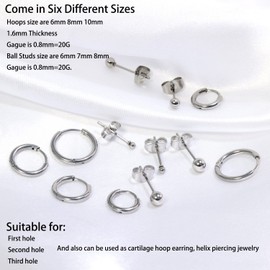 Small Silver Earrings Set for Women: 6 Pairs 14K Silver Plated Small Huggie Hoop Earrings Tiny CZ Stud Earrings for Lobe Cartilage Helix Multiple Piercing Hypoallergenic (Silver - 6mm/8mm/10mm Hoops and 2mm/3mm/4mm Ball Studs)