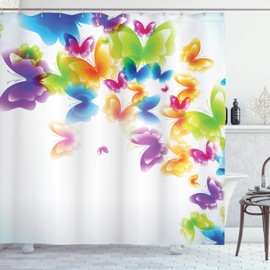 Ambesonne Mariposa Cortina de Baño, Insectos Resorte de la Estación, Paño Conjunto de Decoración de Baño de Tela y Ganchos, 75" Alto, Multicolor