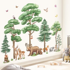 wondever Woodland Animals Wall Stickers Large Tree Forest Bear Deer Fox Peel and Stick Wall Art Decals for Kids Room Baby Nursery Bedroom