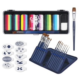 Anka Bella Professionelles Gesichtsbemalungs-Set, 7 Regenbogenfarben-Palette, 20 Pinsel im Etui, 10 Schablonen