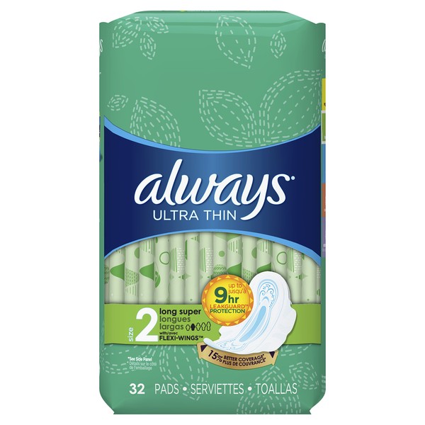 Always Ultra Thin Feminine Pads for Women, Size 2, Super Absorbency, with Wings, Unscented, 32 Count