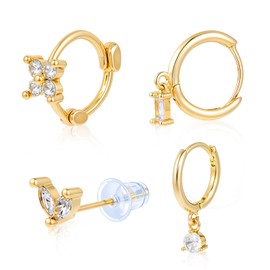4 Pairs Women's Diamond Earrings Dainty Huggie Hoop Earrings Copper Plated Lightweight Cartilage Earrings(Gold)