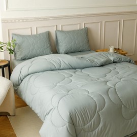 CLOTHKNOW Grayish Blue Twin Comforter Set - 3Pcs Daisy Puff Bedding - Boho Style Mineral Blue Floral Pattern