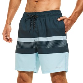 HODOSPORTS Mens Swimsuit Trunks 7" Quick-Dry Swim Shorts with Compression Liner and Zipper Pockets (Medium,Stripe C)