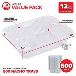 12oz Plastic Nacho Trays (500 Pack) Small Disposable Tray for Nachos & Cheese Dip, Concession Stand Supplies, Movie Night Snacks for Kids, Carnival Party Decorations, Food Boats, Snack Containers