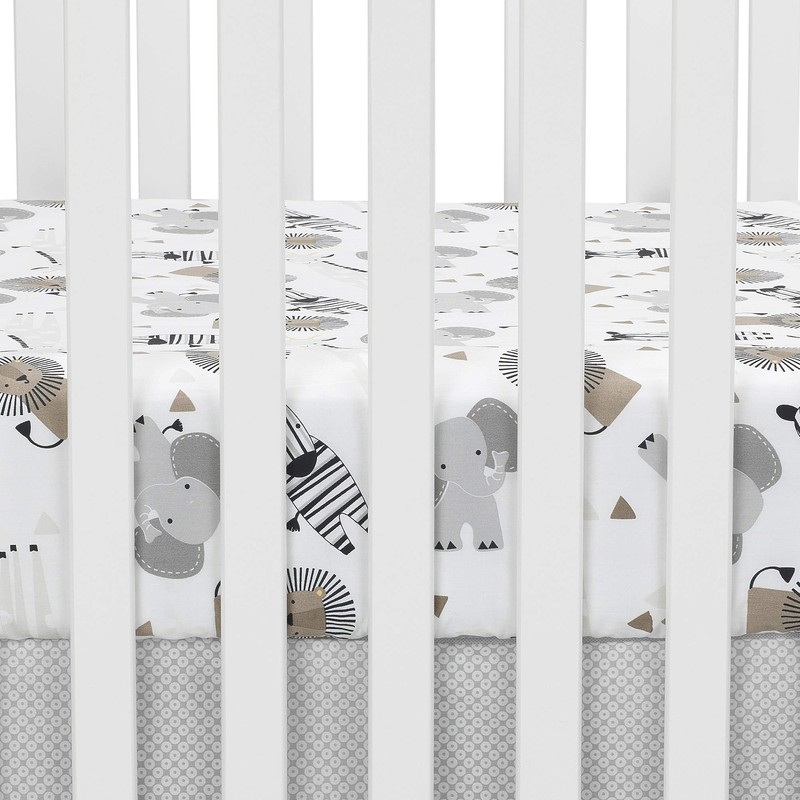 Lambs & Ivy Jungle Safari 100% Cotton White/Gray Elephant/Lion Fitted