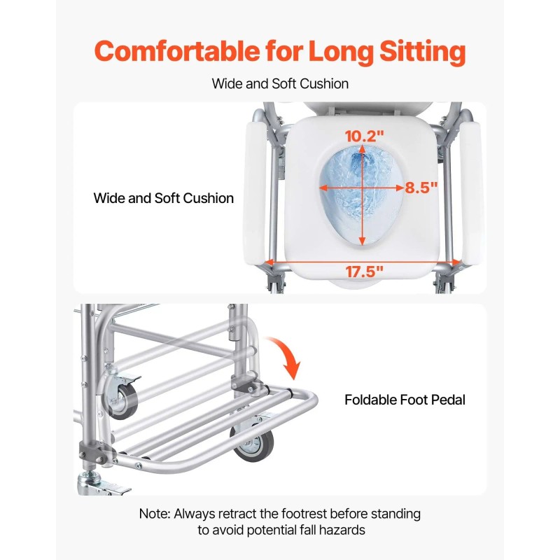 Hospital Chair Bedside Commode 350 Lbs Capacity 4 Wheels Raised