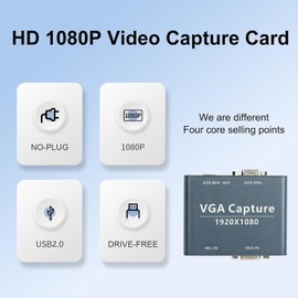 ATCCPYDM VGA Capture Card, VGA to USB 2.0 Capture Device with VGA Loopout, Mic Input Support HD 1080p Video for Live Broadcast, Laptops, Monitors, Video Conferencing and Games