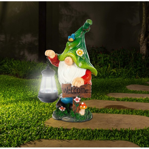 WOGOON Garden Gnome Statue, Resin Figurine with Bright Solar Lantern Lights and Welcome Sign, Outdoor Solar-Powered Illumination Yard Art Decorations for Indoor Outdoor Patio Lawn Garden Room