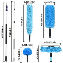 SHINMING 20 Foot High Reach Duster Kit with 5-12FT Telescoping Pole - High Ceiling Dusting and Window Cleaning Kit, Cobweb Duster, Window Washer & Squeegee, Fan Duster and Feather Duster
