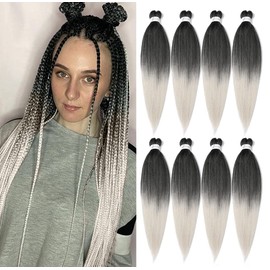 8 Packs Pre Stretched Braiding Hair, 20 Inch Braiding Hair Pre Stretched Yaki Texture, Hot Water Setting, Easy To Install Professional Synthetic Ombre Braiding Hair(20in,1B/Silver)