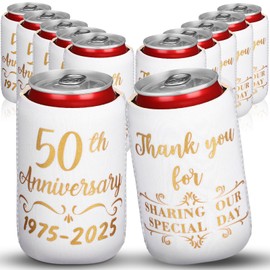 SiliFine 12 Pcs 50th Wedding Anniversary Decorations, Anniversary Party Beverage Can Cooler Sleeves 50th Can Neoprene Cooler 50 Years Cups Sleeves Happy 50 Years Decorations for Couple (White Gold)