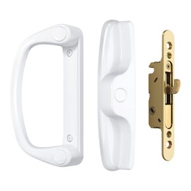 Knobonly Keyless Patio Sliding Door Handle Set White, Replacement Slider Handle Set Fit Standard 1’’ to 2’’ Thick Doors, 3-15/16’’ Hole Spacing, Reversible Design, with Mortise Lock