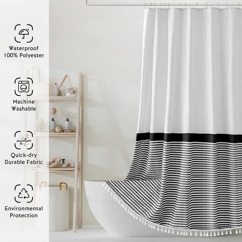 Seasonwood 84 inch Extra Long Shower Curtain Black and White