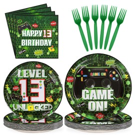 Grencian 96Pcs Green Game Party Supplies Video 13th Birthday Paper Plates and Napkins Tableware Sets Level Unlcked Game Themed Decorations for Kids Gaming Boys 13 Year Old Party Favors Serves 24