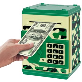 Adevena Electronic Piggy Bank, Mini ATM Password Money Bank Cash Coins Saving Box for Kids, Cartoon Safe Bank Box Perfect Toy Gifts for Boys Girls (Camouflage Green)