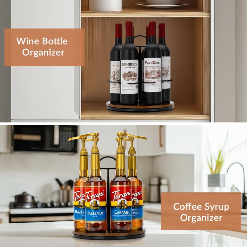 SUNNEKO Rotating Coffee Syrup Organizer Hold 6 Bottles, Wood Coffee