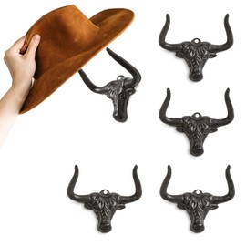HYDERMUS Cowboy Hat Rack for Wall 4 Pack Modern Metal Cowboy Hat Holder Cast Iron Cowgirl Hat Hanger Western Longhorn Hooks for Storage and Display for Closet Bedroom Living Room Rust