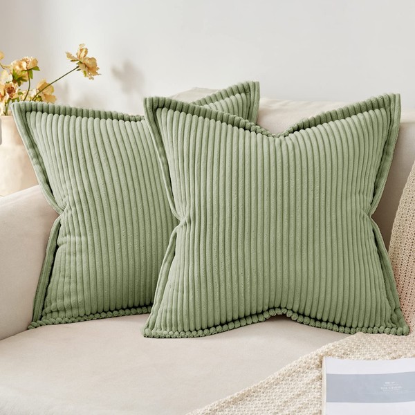 MIULEE Corduroy Cushion Covers Soft Decorative Square Throw Pillow Covers for Spring Cushion Soft Pillowcase Striped Corduroy Cushion Covers Pack of 2 for Home decor Sofa 40x40cm, Sage Green