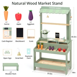 PairPear Wooden Mud Grocery Stand, 2-in-1 Outdoor Market Stand & Mud Kitchen for Kids Outdoor, Montessori Pretend Play Toy with 14 Accessories, Cash Register & Play Food, Ages 3+ in Green