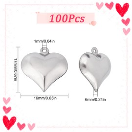SUNNYCLUE 1 Box 100Pcs Valentines Day Puff Heart Charm 316 Stainless Steel Love Charms Silver Hearts Charms for Jewelry Making Charms DIY Necklace Earrings Crafts Women Adult Supply