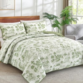 Drucon Sage Green Farmhouse Quilt Set Queen Size, Spring Toile Rustic Bedspreads, 3 Pieces Village Landscape Printed Coverlet, Soft Microfiber Quilt Bedding Set for All Season (96x90 Inch)