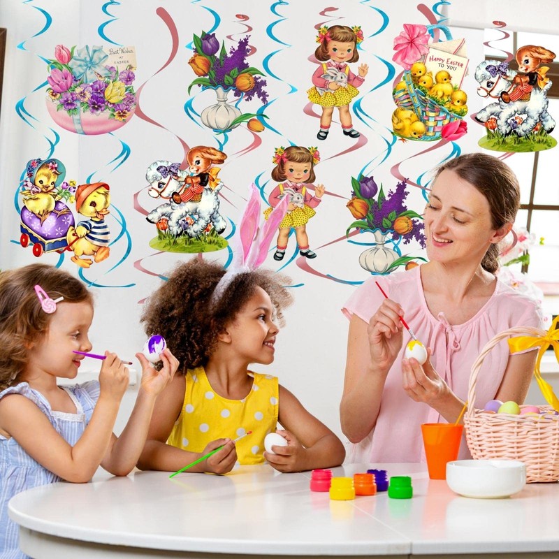 40PCS Easter Hanging Swirl Decorations, Easter Hanging Eggs/Bunny/Egg Basket Easter/Chick/Duck/,