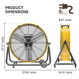 CCGIRU 24 Inch Industrial Drum Fan, 320W High Velocity Floor Fan 3-Speed Heavy Duty Metal with Casters Handle for Basement Warehouse Factory workshops Patios