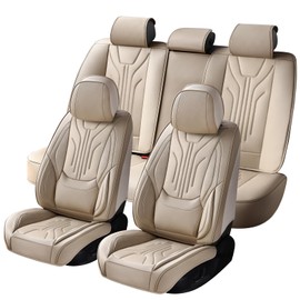 DOMAL Car Seat Covers Full Set, Universal Fit Faux Leather Cushion Protector, Waterproof Non-Slip Automotive Interior Accessories for Sedans, SUVs, Trucks(Beige, Full Set(5 Seats))