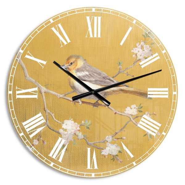 Designart 'Gold Bird on Blossoms I' Farmhouse Large Wall Gold