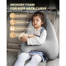 Memory Foam Kids Travel Pillow, Car Pillow for Kids, H-Shape Kids Car Pillows for Sleeping, Removable Pillowcase, Adjustable, Velvet Dots, Grey