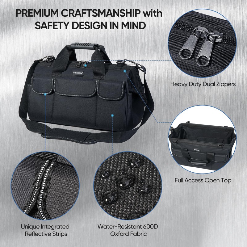 TICONN Tool Bag with Multi-Pockets Wide Mouth Tool Tote with