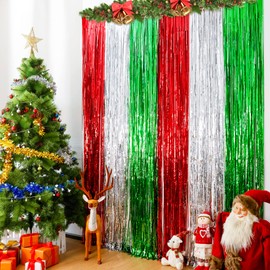 Lansian 2 Pack Christmas Foil Fringe Curtains Party Decoration Tinsel Photo Backdrop, 3.2 x 8.2 ft Red Silver Green Photobooth Props Background for Xmas New Year Party Door Fringe Decorations
