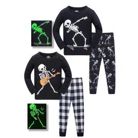SOIBEEN Pyjamas for Boys Dinosaur Sleepwear Cotton Toddler Clothing Kids Sleepwear Long Sleeve PJs Set 4-Piece Outfit 1-12 Years, Glow Bone Skeleton Balck