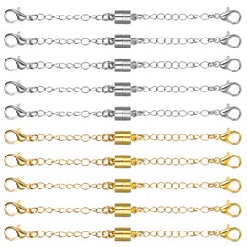 AOZUO Pack of 10 Magnetic Clasp Chain Extension, Gold Silver Chain Extension, Adjustable Chain Extensions for Necklace, Bracelet, Jewellery, Jewellery Accessories (5 Gold + 5 Silver)
