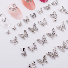 DANNEASY 26pcs 3D Silver Butterfly Nail Charms Hollow Nail Butterflies Alloy Jewels Charms for Nails Flat-Back Nail Rhinestone Crystal Gem Diamond Nail Studs Nail Decoration for Nail Art