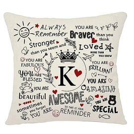 Bacmaxom Inspirational Quote Always Remember Cushion Cover with A-Z Initial Letters Inspirational Gifts for Women Men Girls Boys Family Friends Cheer Up Gift Positive Gift Graduation Birthday (K)