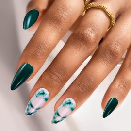 Swooflia Medium Almond Press On Flase Nails – Dark Emerald Green Tie Dye Fake Nail Glue Stick On Acrylic Artificial Fingernails for Women, 24 PCS Handmade Manicure Art Nails with Stickers Glue